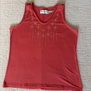 Aventura Coral Tank Top With Embroidered Flowers Size M Organic Cotton